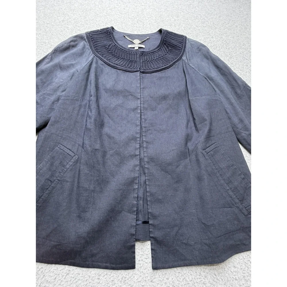 Anne Klein Jacket Womens 14 Blue Linen Blend Embroidered Collar Open Front